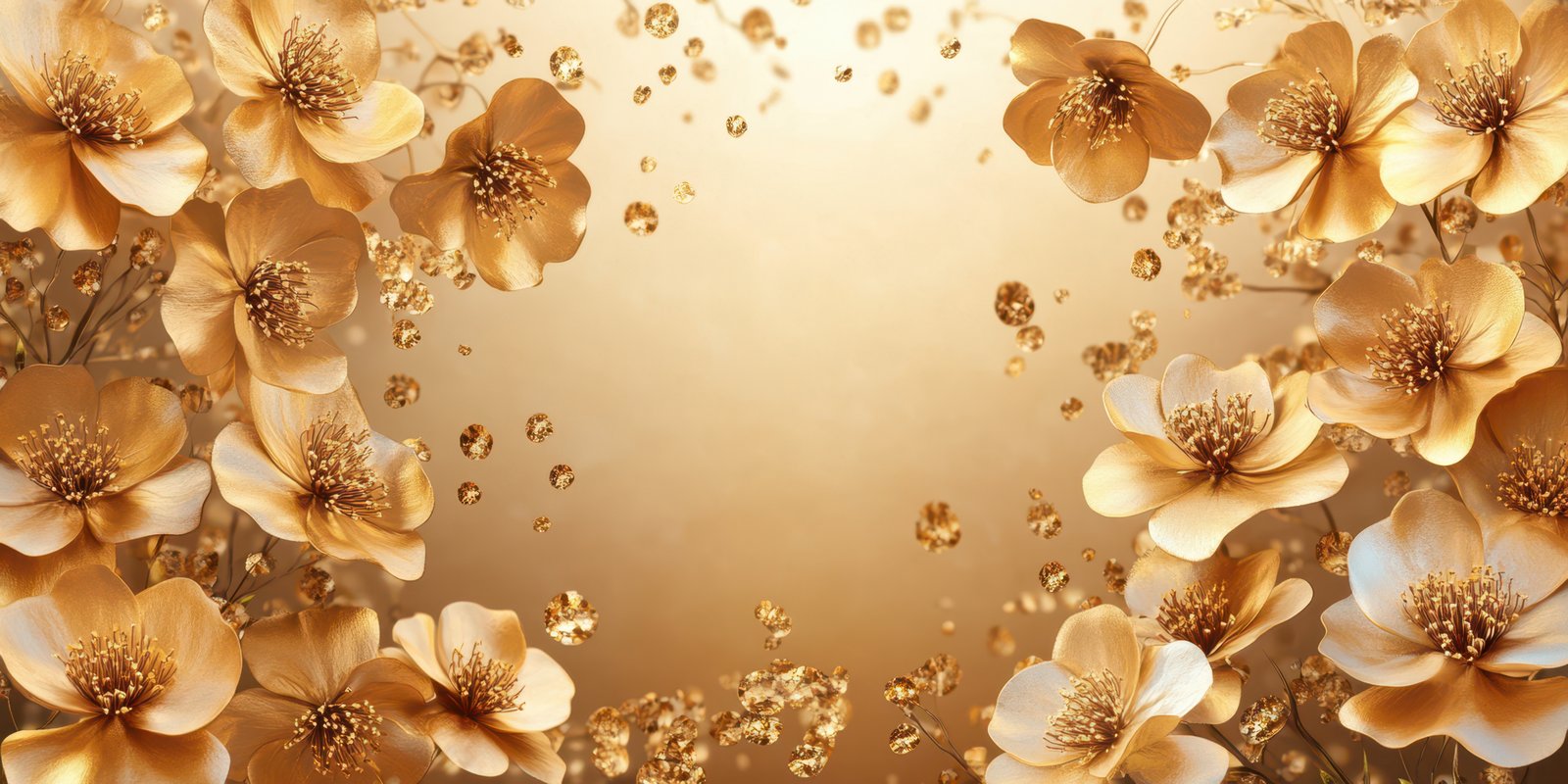Golden floral arrangement with delicate blossoms and sparkling elements set against a warm background